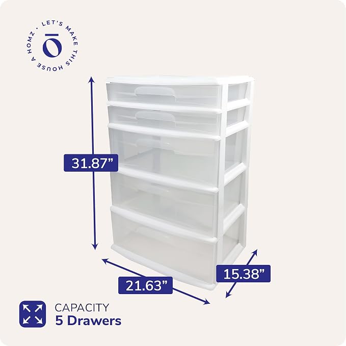 HOMZ Drawer Tower, 5-Tier Storage Cart with Removable Wheels, White Frame | Extra-Wide Plastic Organizer with Clear Bin Drawers for Bedroom, Bathroom, Home Office, and Dorm Rooms - Image 3