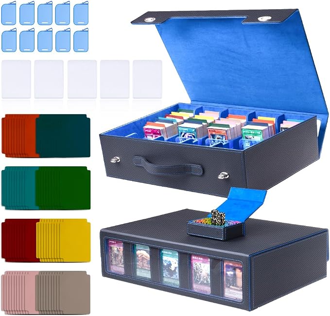 5-Row 3900+ Trading Card Storage Box for MTG, Card Deck Box with Snap-fit Design, 5 Card Sleeves, 10 Stoppers, 80 Dividers and 1 Dice Tray (Black-Blue) by Sesmez