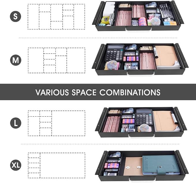 GOME Large Size Under Desk Slide out Pencil Drawer with Adjustable Space Divider Design for Storing Pencil and Office Accessories, Underdesk Pull out Tray Organizer Mounted for Sit Stand Workstation - Image 4