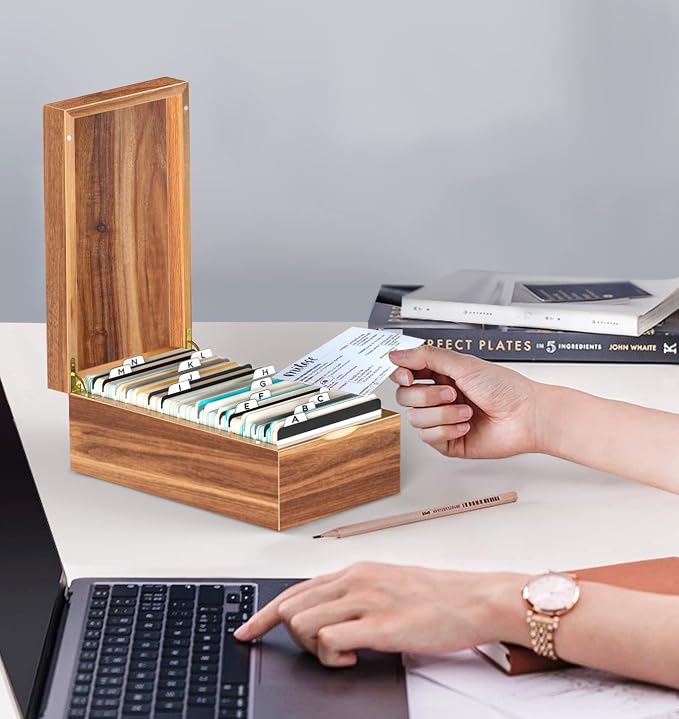 Neando 3x5 Index Card Organizer Box with Lid – Acacia Wood Note Card Holder with 200 Cards & 20 Dividers, Holds 600 Cards, 4 Compartments, Magnetic Closure – Desktop Storage for Study, Office, Recipes - Image 7