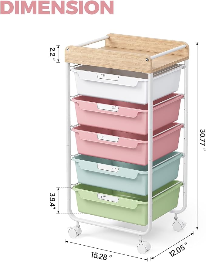 Utility Cart with 5 Drawers, Art Cart for Teacher Kid, Colorful | Rolling Storage Cart for Crafters Artists Student Storage Arts Crafts & Study Supplies in Craft Room Dorm Classroom Kids Room - Image 2