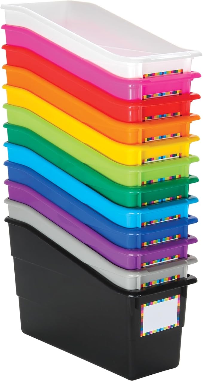 Really Good Stuff Rainbow Organizing Bins, Plastic Book Holders - 12-Pack | Name Labels Included, Vertical Storage & Organization for Classroom & Home, Color Code Files, Books, Binders, Supplies by ReallyGoodStuff