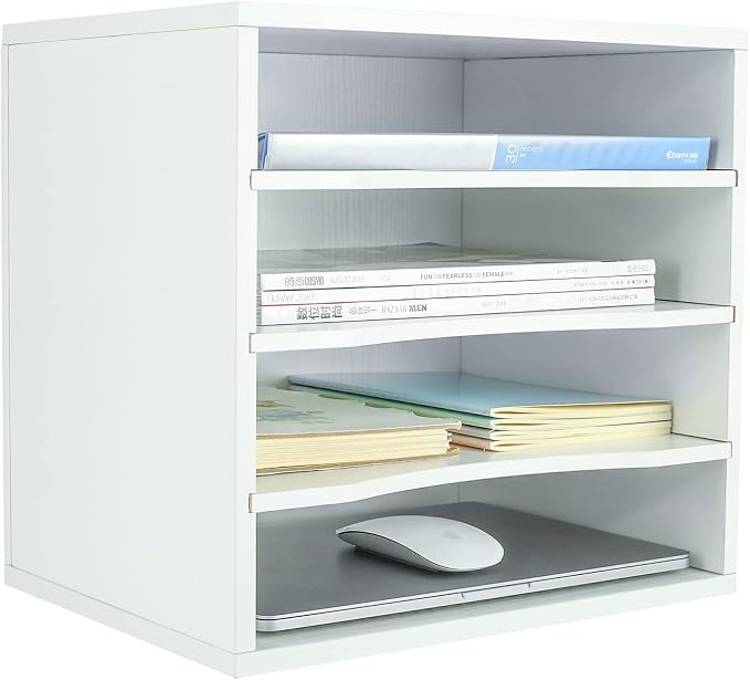 Mail Sorter Organizer, Wood Countertop Literature Organizer, Office Supplies Desktop File Bill Paper Organizer for Office Home School, 4 Compartments, White by PAG