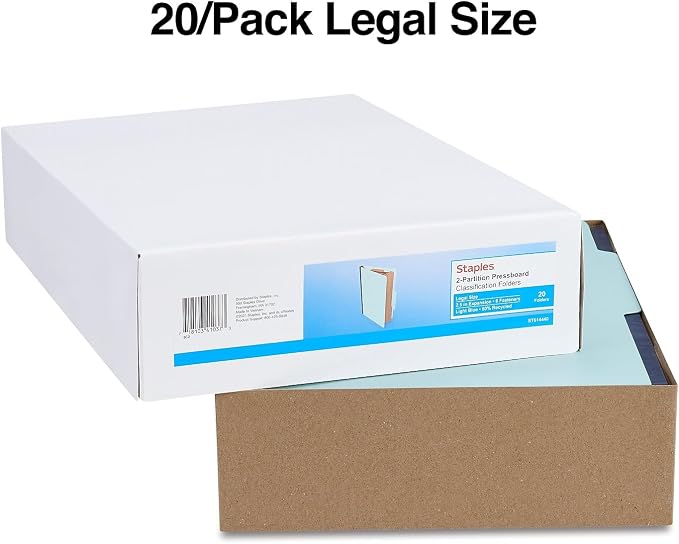 Staples Colored Pressboard Classification Folder, Legal Size, 2 Partitions, Light Blue, Durable Construction, 20/Pack - Image 3