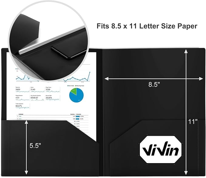 ViVin 12-Pack Black Plastic Folders with Pockets, Fits 8.5 x 11 Inch Letter Size Papers, Sturdy 2 Pocket Folders, Plastic Pocket Folders for Home School and Office - Image 2