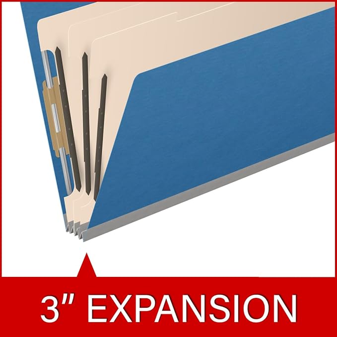 Ecom Folders End Tab Pressboard Classification Folders | Legal Size 25 Pt Type III Stock with 3 Dividers & 3" Tyvek Expansion | 2 Fasteners Pos 1 & 3 for Medical & Office Docs | Royal Blue, Box of 10 - Image 7