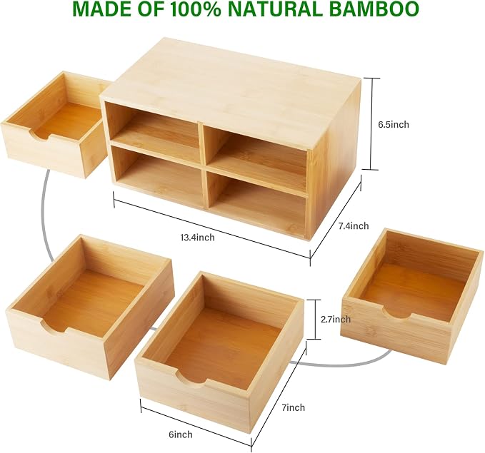 Charmewooden Bamboo Desk Organizer With Drawers Countertop Drawers Counter Storage Box Corner Desk Organizer for Home Office No Assembly Required (4 Drawers) - Image 2