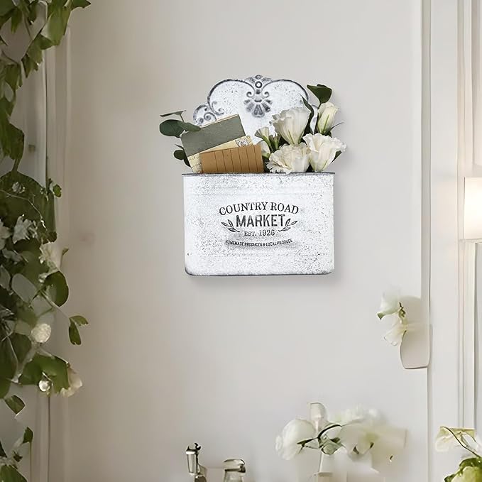 Hanging Storage Baskets Metal Wall Baskets for Mail, Files, Books & Accessories, Wall-Mounted Organizer for Entryway, Kitchen, Office, French Farmhouse Decor（White） - Image 4