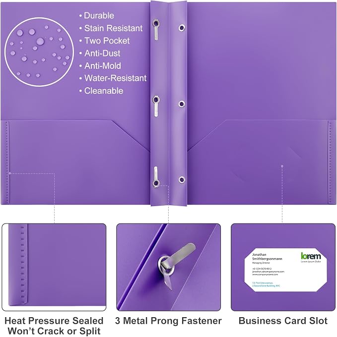 Cholemy 72 Packs Pocket Folders with Prongs Heavy Duty Plastic Folder with Business Card Slot 3 Prong Fasteners for School Office (Dark) - Image 3