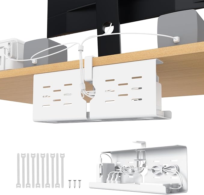 KEEGH 16 in Under Desk Cable Management Tray, Metal Cable Tary, 1 Pack | No-Drill Clamp Mount, Ventilation Holes, Cable Management Tray for Home Office, Gaming Desk, Standing Desk, White by KEEGH