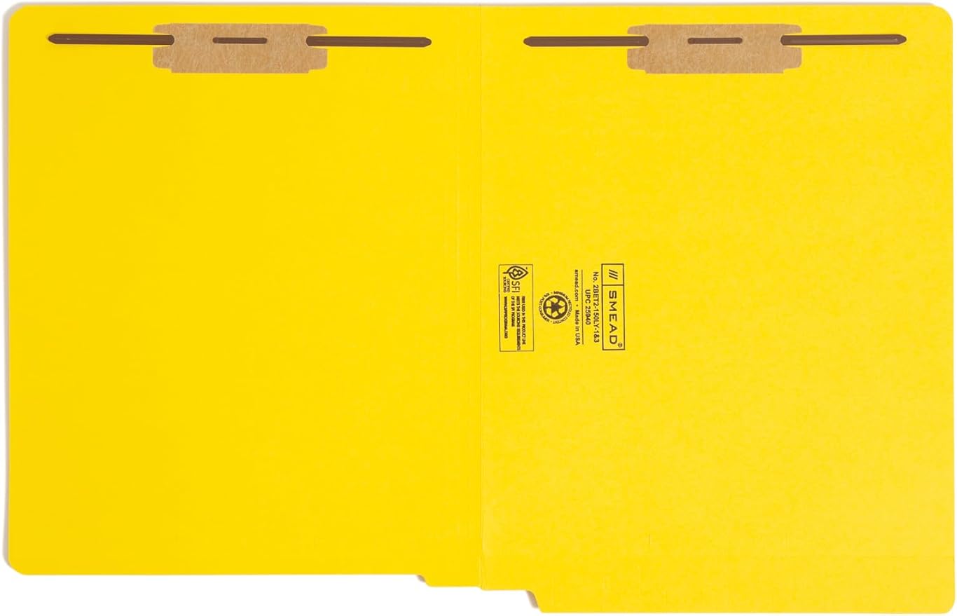 Smead End Tab Fastener File Folder, Shelf-Master® Reinforced Straight-Cut Tab, 2 Fasteners, Letter Size, Yellow, 50 per Box (25940) - Image 2