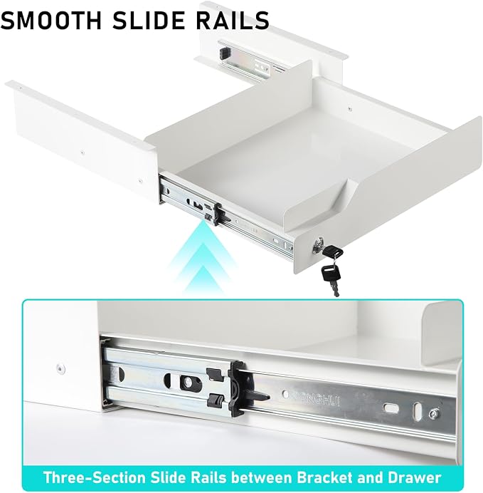 Under Desk Drawer Storage with Lock, Metal Undermount Table Drawer, Ball Bearing Slides Out Tray Organizer for Paper, Pencil, and Laptop 16"x11.8"x3.6", White - Image 4