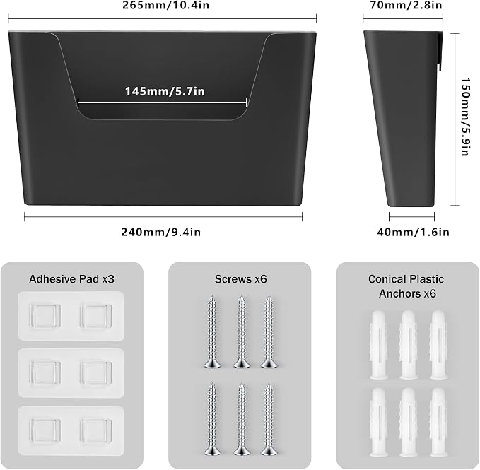 JOMOLA No Drilling File Holder 3 Pack Mail Organizer Wall Mount File Organizer Holder Office Wall Hanging Files Magazines Organizer Plastic Door Mount Wall Pocket with Adhesive Pad, Black Color - Image 2