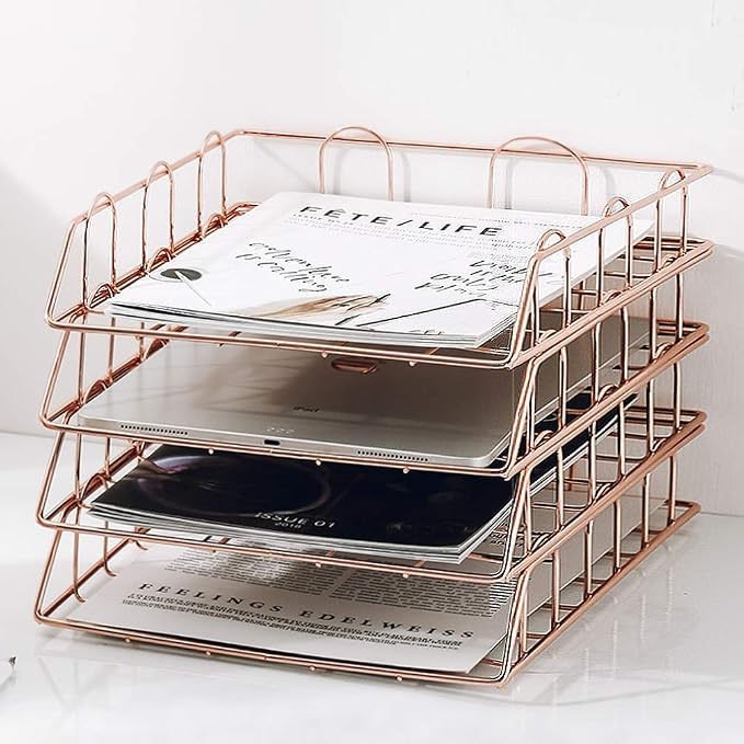 Jolitac Rose Gold 4-Tier Stackable Paper Tray Desk Organizer, Workspace Decorative Stacking Rack Supplies Holder, Metal Letter Trays for File Documents in Home & Office (Rose Gold) by Jolitac