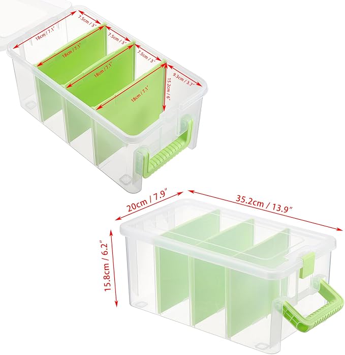 BTSKY Clear Plastic Dividing Storage Box with 4 Deep Compartment Sewing Box | 13.9x7.9x6.2 Inches Adjustable Storage Bin with Lid Portable Craft Container Multipurpose Art Supply Organizer Green - Image 4
