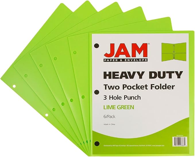 JAM PAPER Heavy Duty Plastic 3 Hole Punch Pocket Folders - Extra Tough School Folders - Lime Green - 6/Pack - Image 2