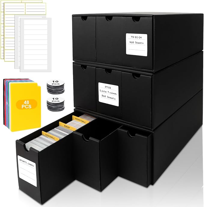 Trading Card Storage Box, Includes 9-600 CT Boxes & 48 Card Dividers, 9000+ Trading Card Organizer for Collectible Card Games, for TCG, YGO, MTG, PTCG, Baseball Cards, with Labels & Tapes by QLOUNI