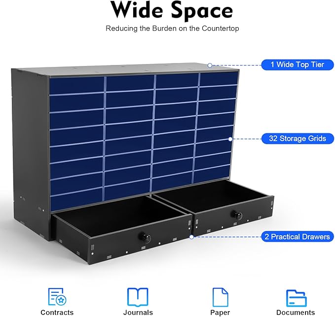 Literature Organizer Classroom Mailboxes with 32 Compartment 2 Drawer Adjustable Papers Files, Paper Storage Cabinet Classroom Keepers for Classroom, Office, School, Home Load, Black - Image 2