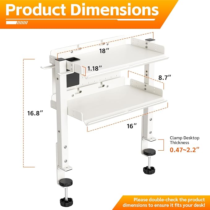 Metal Clamp On Desk Shelf,Storage Shelves with Pegboard and Pencil Holder | 2-Tier Adjustable 16 inch Above or Under Heavy Duty Desktop Organizer with Headphone Holder for Desk Accessories (White) - Image 2