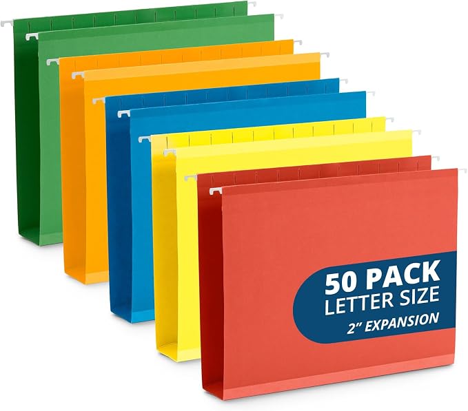 Blue Summit Supplies 50 Expandable Hanging File Folders, 2", Assorted | Letter size, 11pt, 2 in expansion, reinforced, tabs included, for bulky files, charts, and manuals by BlueSummitSupplies