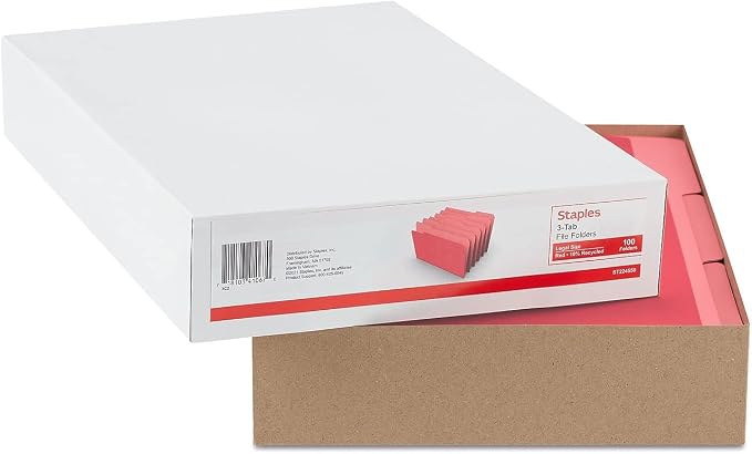 Staples Colored File Folders, Legal Size, 3‑Tab Top‑Tab Design, Red, Durable Paper Stock, 100/Pack - Image 4