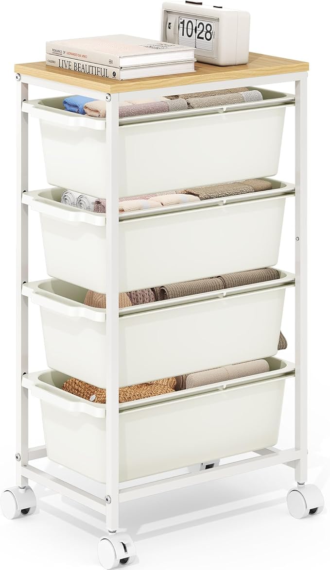 KINGBOARD Slim Rolling Cart with 4 Drawers, Metal Utility Storage Cart | Wooden Tabletop, Lockable Wheels, Table Side Trolley for Bedroom, Children's Room and Office Organization, White by KINGBOARD