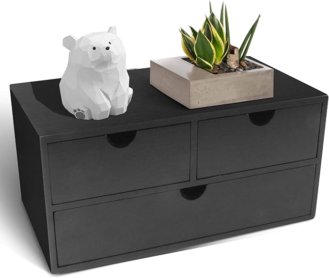 Charmewooden Bamboo Desk Organizer with 3 Drawers, Countertop Organizer with Drawers Makeup Storage Drawer 3 Drawer Tabletop Storage Organization Box Home Office Workspace（Black） by Charmewooden