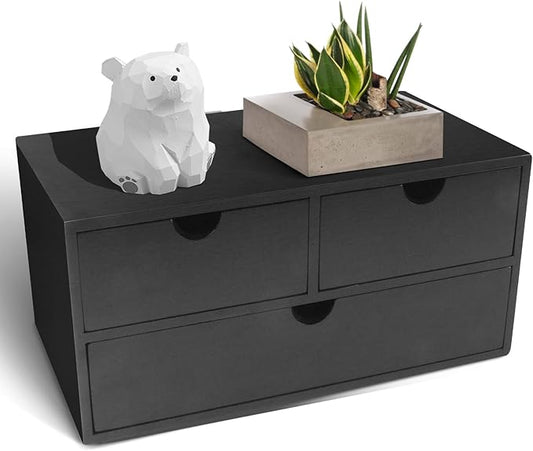 Charmewooden Bamboo Desk Organizer with 3 Drawers, Countertop Organizer with Drawers Makeup Storage Drawer 3 Drawer Tabletop Storage Organization Box Home Office Workspace（Black） by Charmewooden