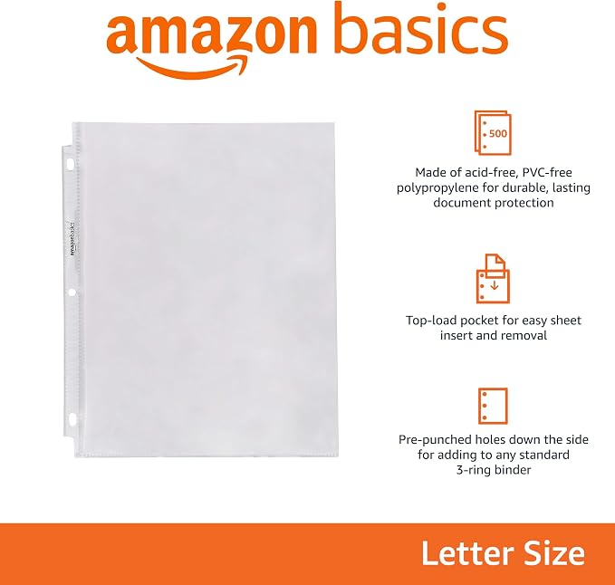 Amazon Basics Sheet Protectors for 3 Ring Binder, Heavyweight, Acid-Free, Top Loading, Polypropylene, 8.5 x 11 Inch, 500-Pack, Clear - Image 2