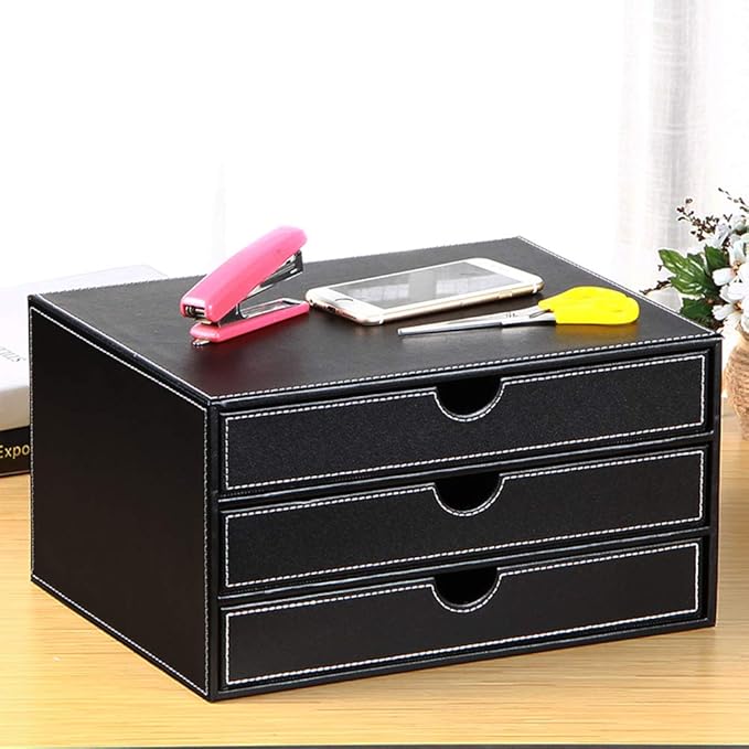 High-end PU Leather Desk Organizer File Cabinet Executive Office Supplies Desktop Filing A4 File Cabinet Stackable Storage Organizer Box with 3 Drawers (Black)… - Image 3