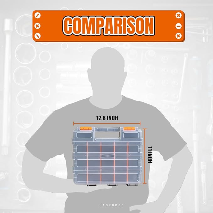 Jack Boss Tool Box with Transparent Lid, Double Side 34-Compartments Organizer Box with Removable Dividers for Hardware, Screws, Bolts, Nails, Beads, Jewelry and Fishing Accessories, Orange, 4 Pack - Image 5