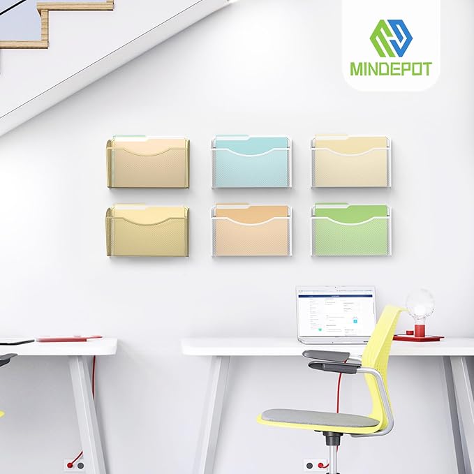 MINDEPOT Wall File Organizer, Hanging Wall File Holder, 6 Pack, Gold | Heavy Duty Iron, Metal Mesh Wall Mount, Single Pocket, Mail Organizer, for Office School Classroom Home, Letter A4 Size - Image 7