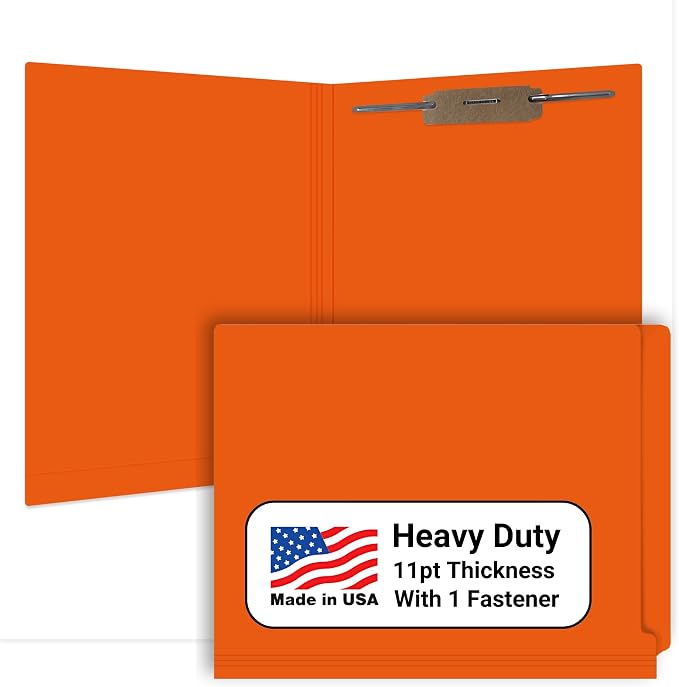 Orange File Folders, USA Made, Doctor Stuff, One 2" Bonded Fastener Top Right Position 1, Durable 11pt, Reinforced End Tab File Folders with Prong, Medical Chart/Patient Chart, 50/Box by DoctorStuff