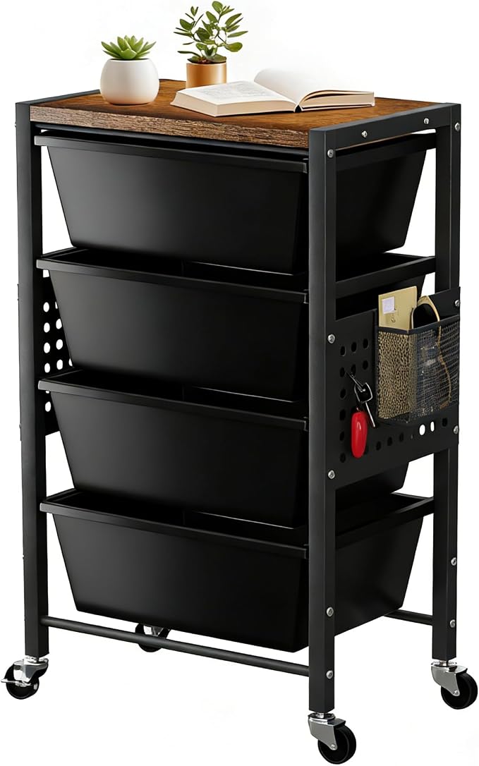 Rolling Cart with 4 Drawers, Plastic Drawer Storage Carts with Wheels & Wooden Tabletop, Metal Utility Cart with Pegboards, Office Living Room Classroom Craft Organization and Storage, Dark Black by TimeForest