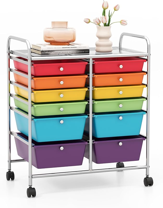 GOFLAME 12-Drawer Rolling Storage Cart, Multipurpose Organizer Cart with 2 Sizes Plastic Drawers, Mobile Utility Cart with Lockable Casters for School, Home Office, Beauty Salon, Multicolored by GOFLAME