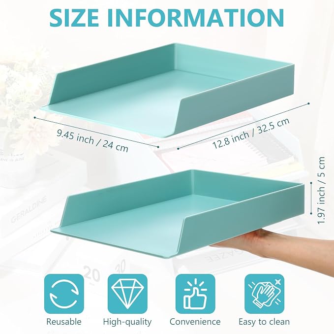 Tatuo 16 Pack Stackable Paper Trays Plastic Letter Tray Desk Organizer Paper Holder Organizer Storage Office Desk Accessories for Classroom Magazine File Documents 12.8 x 9.45 x 1.97, Blue Green - Image 2