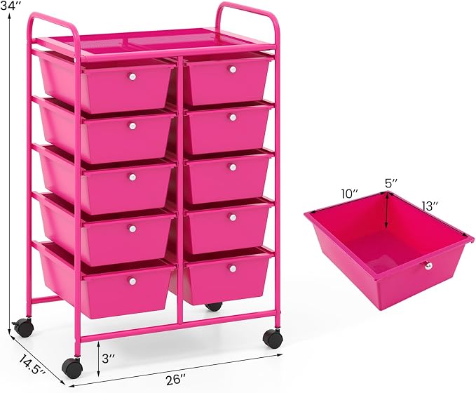 Giantex 10 Drawers Rolling Cart, Classroom Organizers, Storage Cart with Wheels, for Teacher Office Home School Supplies Tool Craft Art Paper, Hot Pink - Image 3