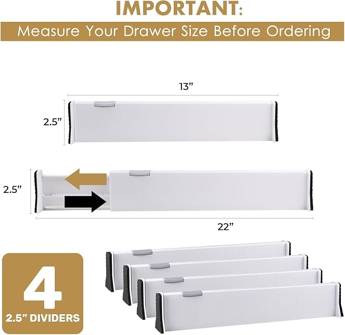 RAPTUROUS Adjustable Drawer Dividers 4 Pack, 2.5" High, 13-22" Long, Dresser Drawer Organizer for Bedroom, Closet, Kitchen, Nursery, Office, Strong Hold, Soft Foam Edges, White - Image 2