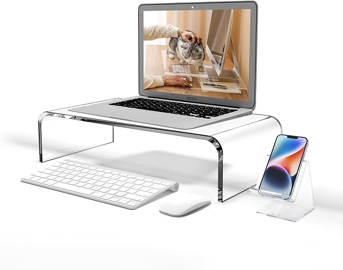 16"x8"x4" Acrylic Monitor Stand, Clear Laptop Riser with Bonus Phone Stand | KMANDLU Clear Premium Acrylic Computer Stand, Ergonomic Monitor Riser & Desk Organizer Shelf for Office, Home, Printer, TV by KMANDLU
