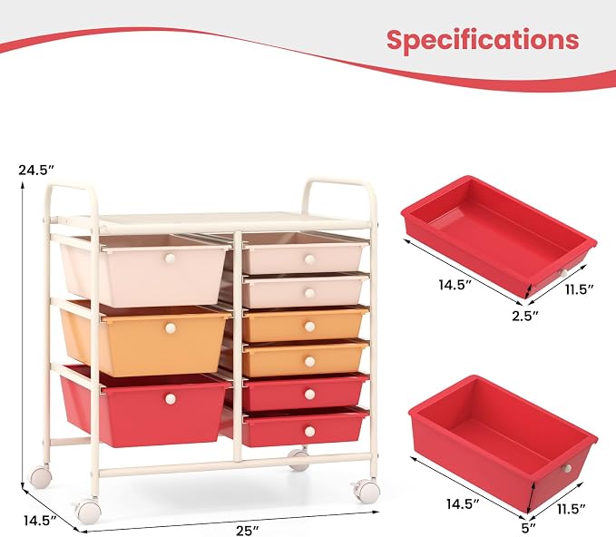 COSTWAY Rolling Storage Cart with 9 Drawer, Utility Cart with Metal Frame | Mobile Art Supply Craft Organizer, Multipurpose Storage Organizer for Paper, Office, School Teacher, Classroom, Macaron - Image 3