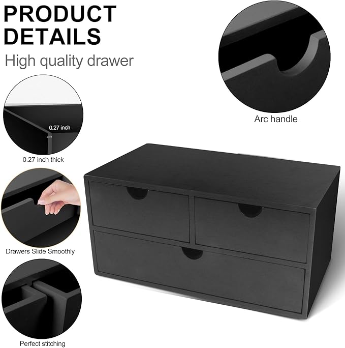 Charmewooden desk organizer with drawers countertop drawer organizer Tabletop Storage Organization Box Home Office Workspace Bathroom Toiletries Supplies (black) - Image 6