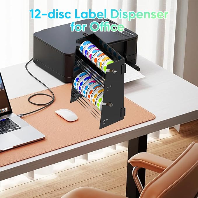 Adjustable Label Dispenser - 12 Disks Acrylic Sticker Roll Dispenser(Black) | Multi-Use Double-Layer Stable Sticker Roll Holder, Label Holder Sticker Holder Organizer, Desktop Label Stand for Home Office - Image 3