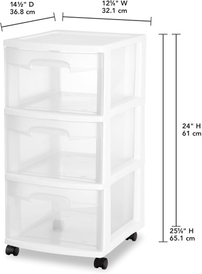 Sterilite 2 Pack Plastic Storage Organizer, 3 Drawer Rolling Bin Cart, Closet Organization, White - Image 3