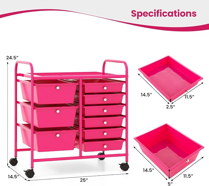 Giantex 9 Drawers Rolling Cart, Classroom Organizers, Storage Cart with Wheels, for Teacher Office Home School Supplies Tool Craft Art Paper, Hot Pink - Image 3