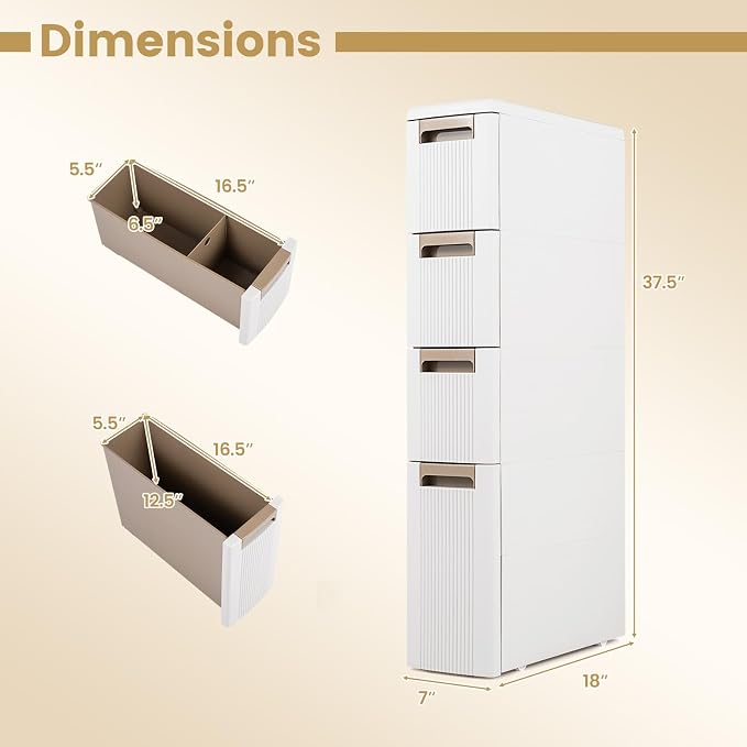 Giantex 4-Tier Narrow Storage Cabinet, Slim Rolling Cart with 4 Drawers & 3 Removable Dividers, Plastic Storage Organizer with Wheels for Small Spaces Bathroom Kitchen - Image 3