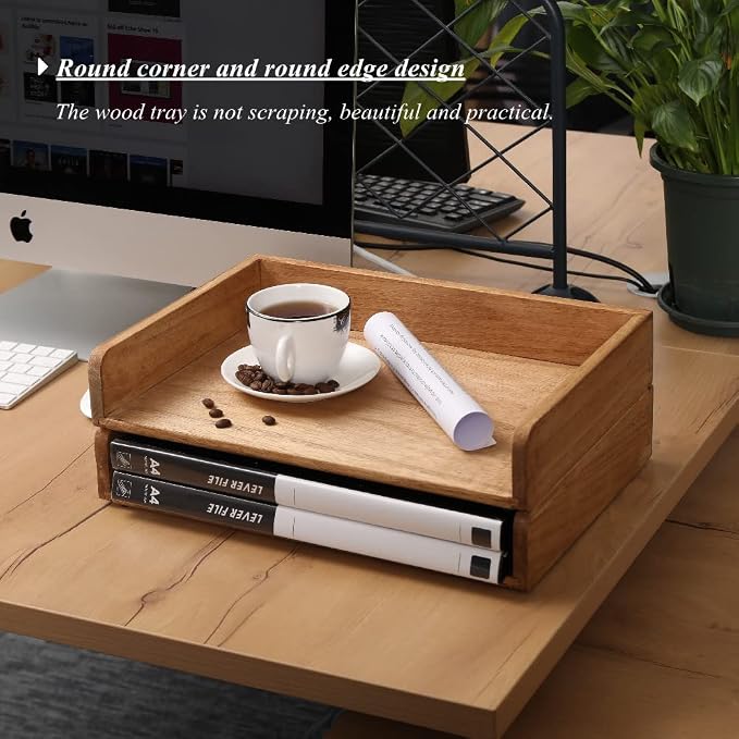 DDYURI Wood Stackable Paper Trays for Office Supplies and Accessories - Desk Organizer Tray for Letter Document Magazine -Wooden Desktop File Folder Holder Shelf 2 Set Light(2CTP-LT) - Image 2