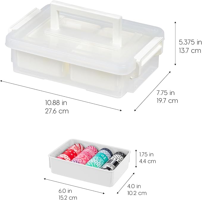 IRIS USA Storage Bins with Lids |Made in USA| 1 Qt - (2-Pack) - White | Built-In Handle Tote / 2 Removable Organization Trays / Plastic Containers for Crafts & Art Supplies / Interlocking Latches - Image 2