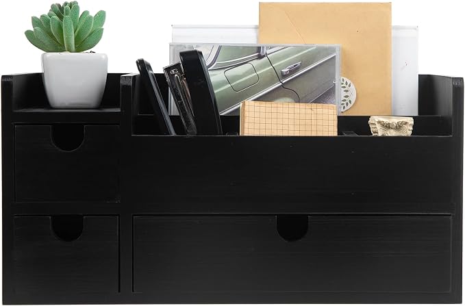 Vintage Black Wooden Desktop Organizer Removable Drawers Office Supplies Wood Storage Cabinet Caddy Box Stationery Pencil Slots Mail Holder Note Pads Accessories Home Makeup Tools Cosmetics - Image 5