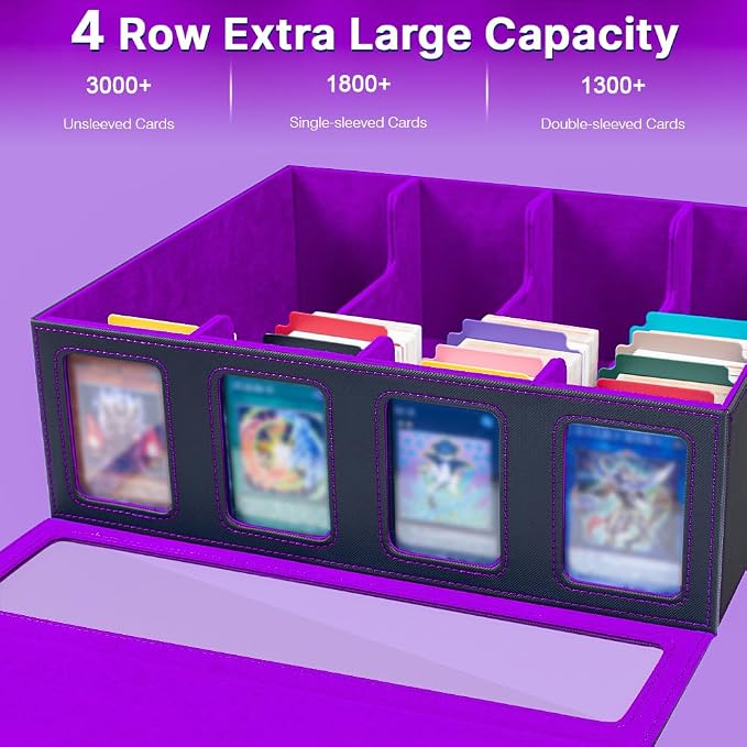 4-Row 3000+ Trading Card Storage Box for MTG, Card Deck Box with Snap-fit Design, 4 Card Sleeves, 8 Stoppers, 24 Dividers (4-Rows Black-Purple) - Image 3