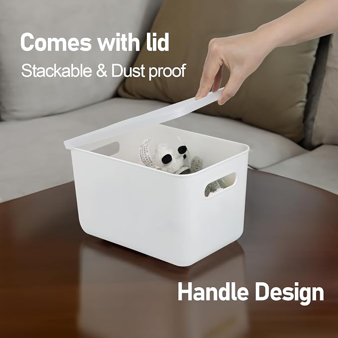 4 Pcs Small Storage Bins with Lids, Stackable Plastic Storage Containers for Organizing, Organizer Bins Shelf Baskets for Pantry Cabinet Shelves Desktop Freezer Drawer Organization (White, 4M) - Image 5